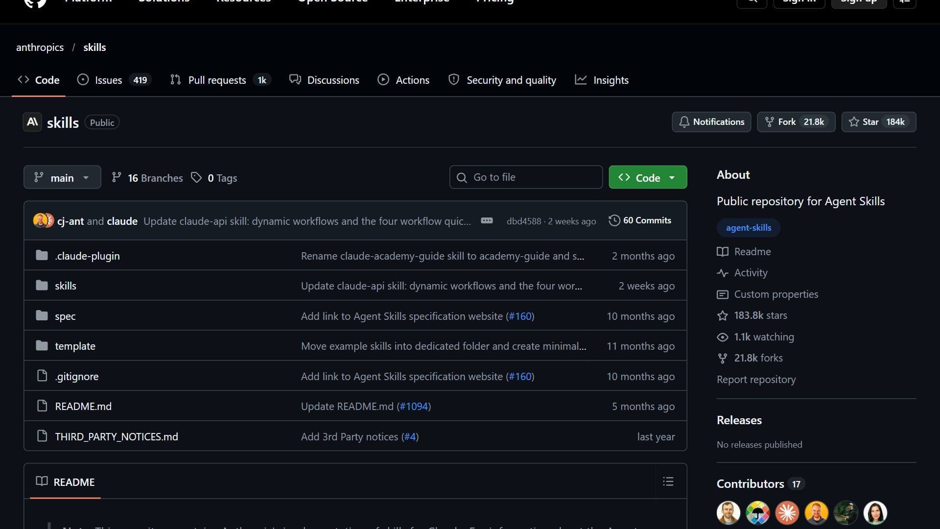 Anthropic 官方 skills 的 GitHub 頁面