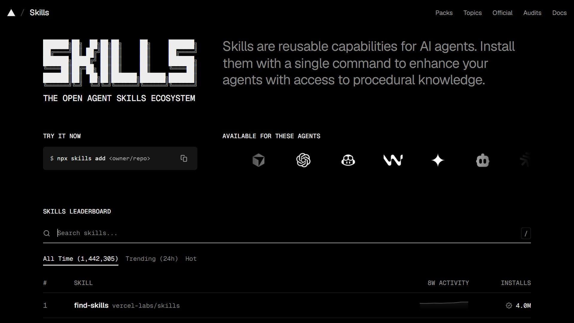 skills.sh 的 Agent Skills 排行榜,前兩名是 find-skills 和 grill-me